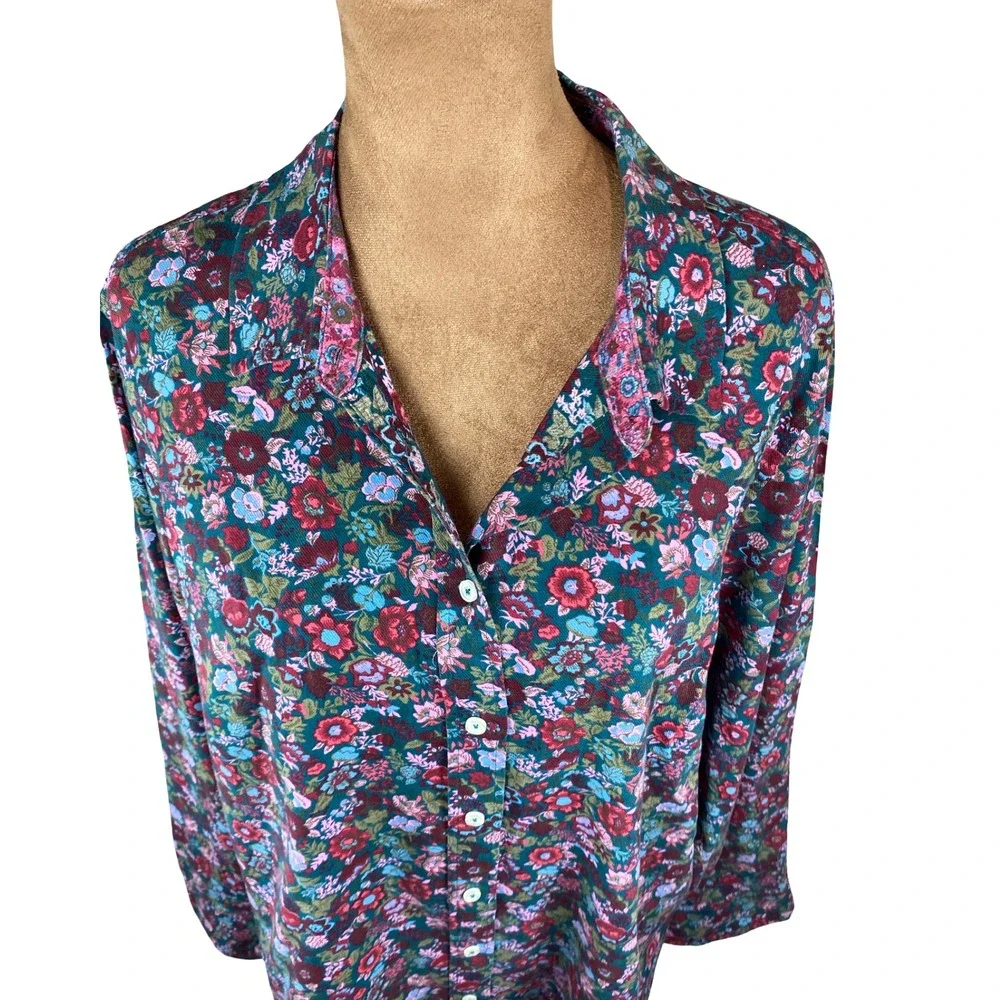 Talbots Womens Floral Button Down Shirt Teal Burgundy Cotton Rayon Size L Fall